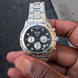 Bulova Men's Silver Chronograph Watch with Black Dial